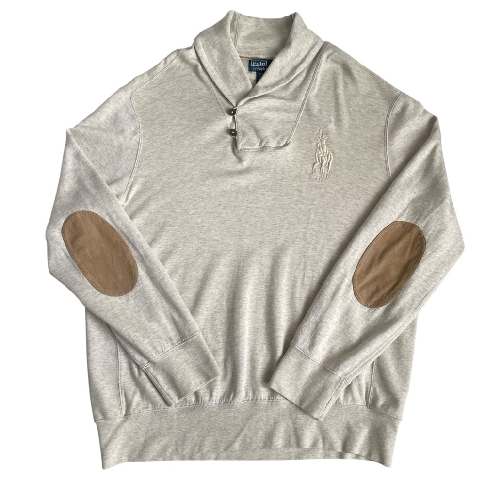 Polo Ralph Lauren Sweater Mens XL/TG Beige Elbow Patch Shawl Collar Big Pony